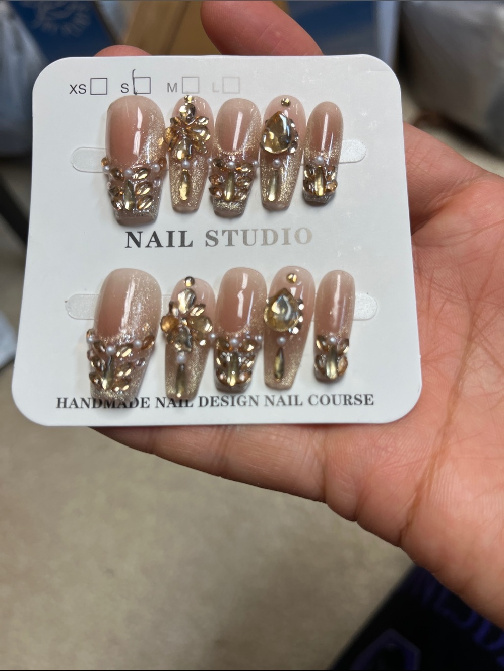 Nude Crystal Press-On Nails - Beige with Gold Accents